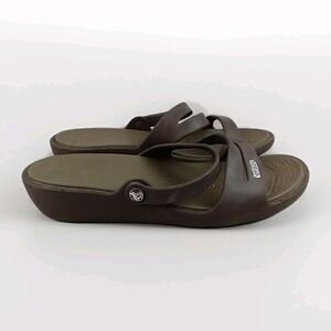 Crocs Patricia Wedge Sandals Womens 8 Chocolate Brown Tan Strappy Slide Shoes